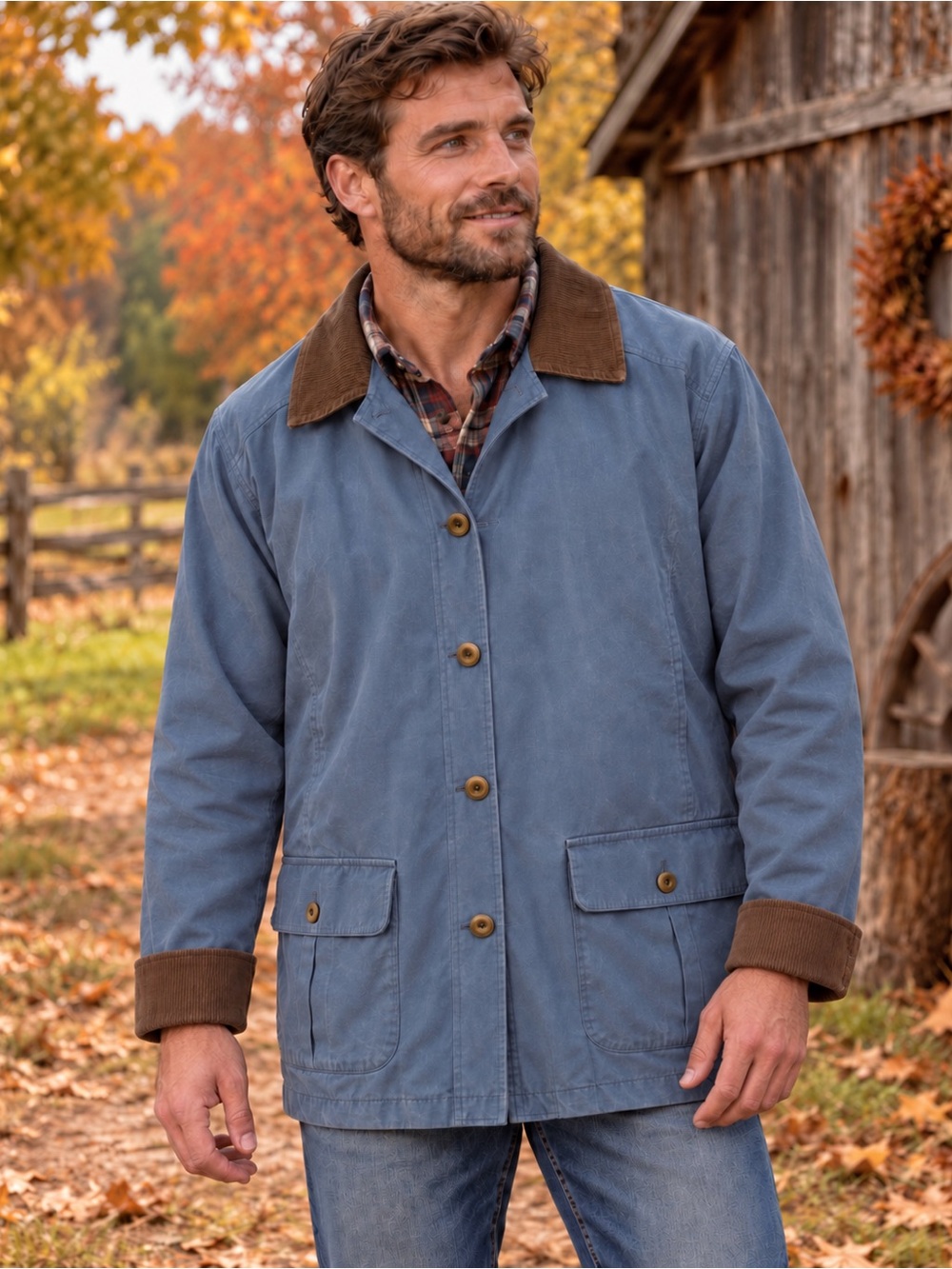 Vintage L.L.Bean Men’s Large Blue Barn Field Coat Corduroy Collar Plaid Lined